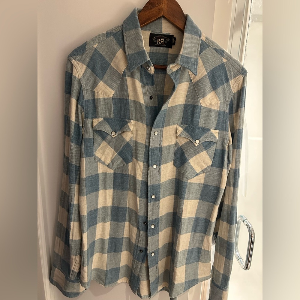 Ralph Lauren Double RL Blue and Tan Plaid Shirt